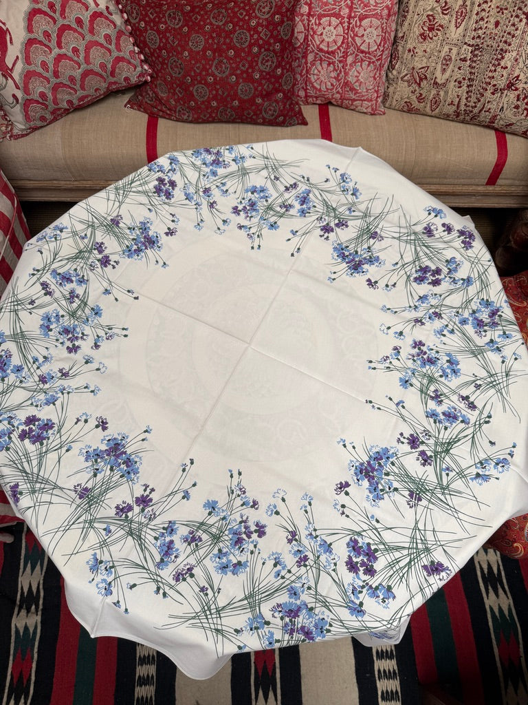 1950s Blue Wildflower Tablecloth –– Vintage Botanical Print with Grasses