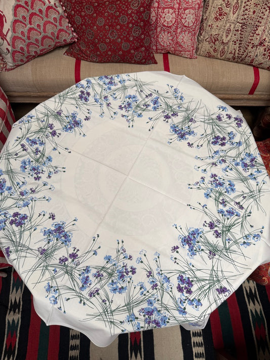 1950s Blue Wildflower Tablecloth –– Vintage Botanical Print with Grasses