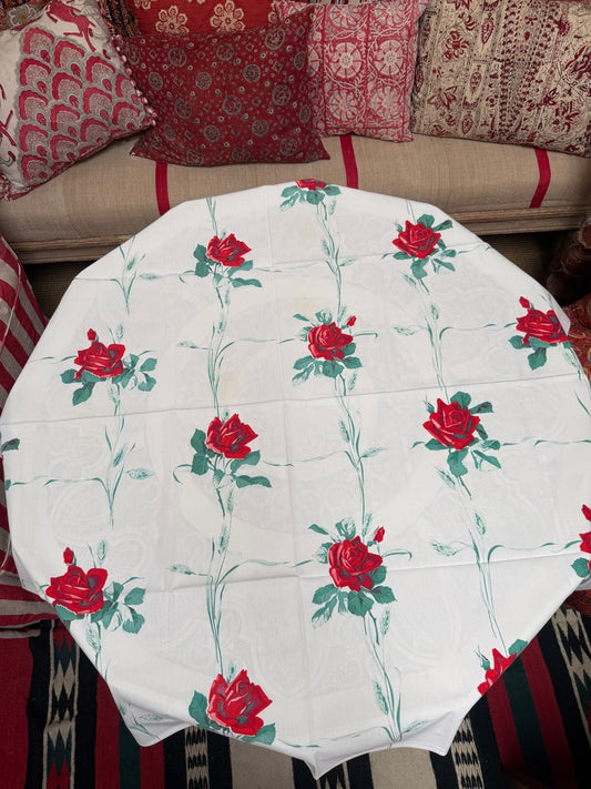 1950s Red Rose Tablecloth – Vintage Romantic Floral Print
