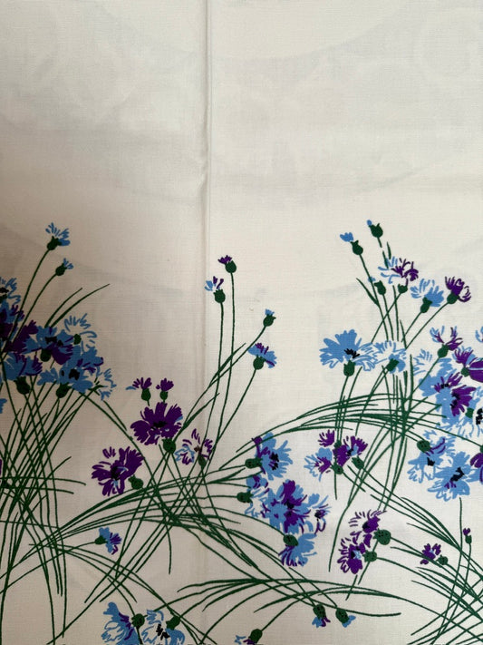 1950s Blue Wildflower Tablecloth –– Vintage Botanical Print with Grasses