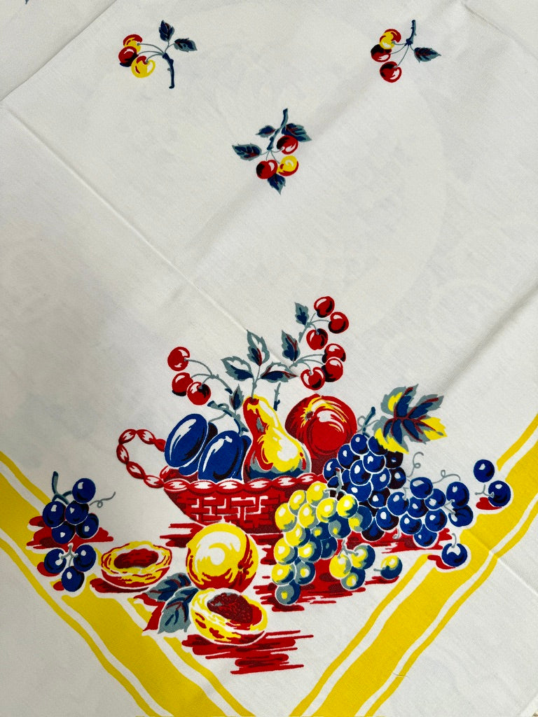 1950s Fruit Basket Tablecloth –– Vintage Print with Yellow Border and Scatterberries