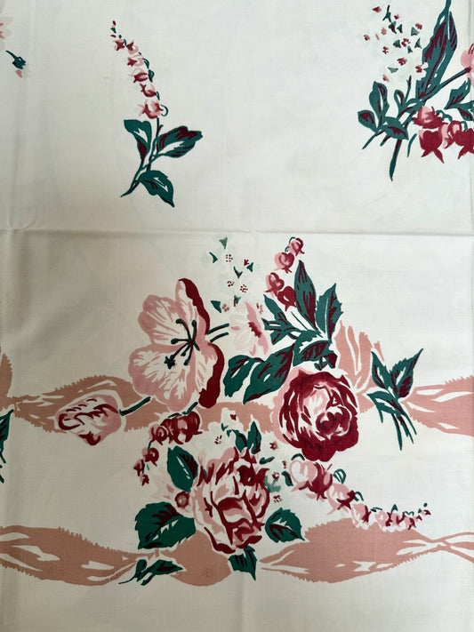 1950s Blush Rose Tablecloth –– Vintage Painterly Floral with Mauve Accents