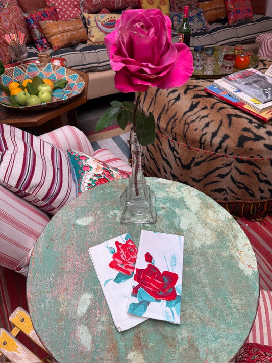 Handmade Red Rose Stem Napkins –– Vintage Textile from Mid-Century Tablecloths, Set of 2