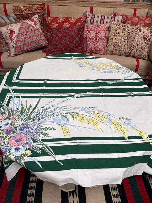 1960s Wildflower Stripe Tablecloth – Vintage Green & Floral Print