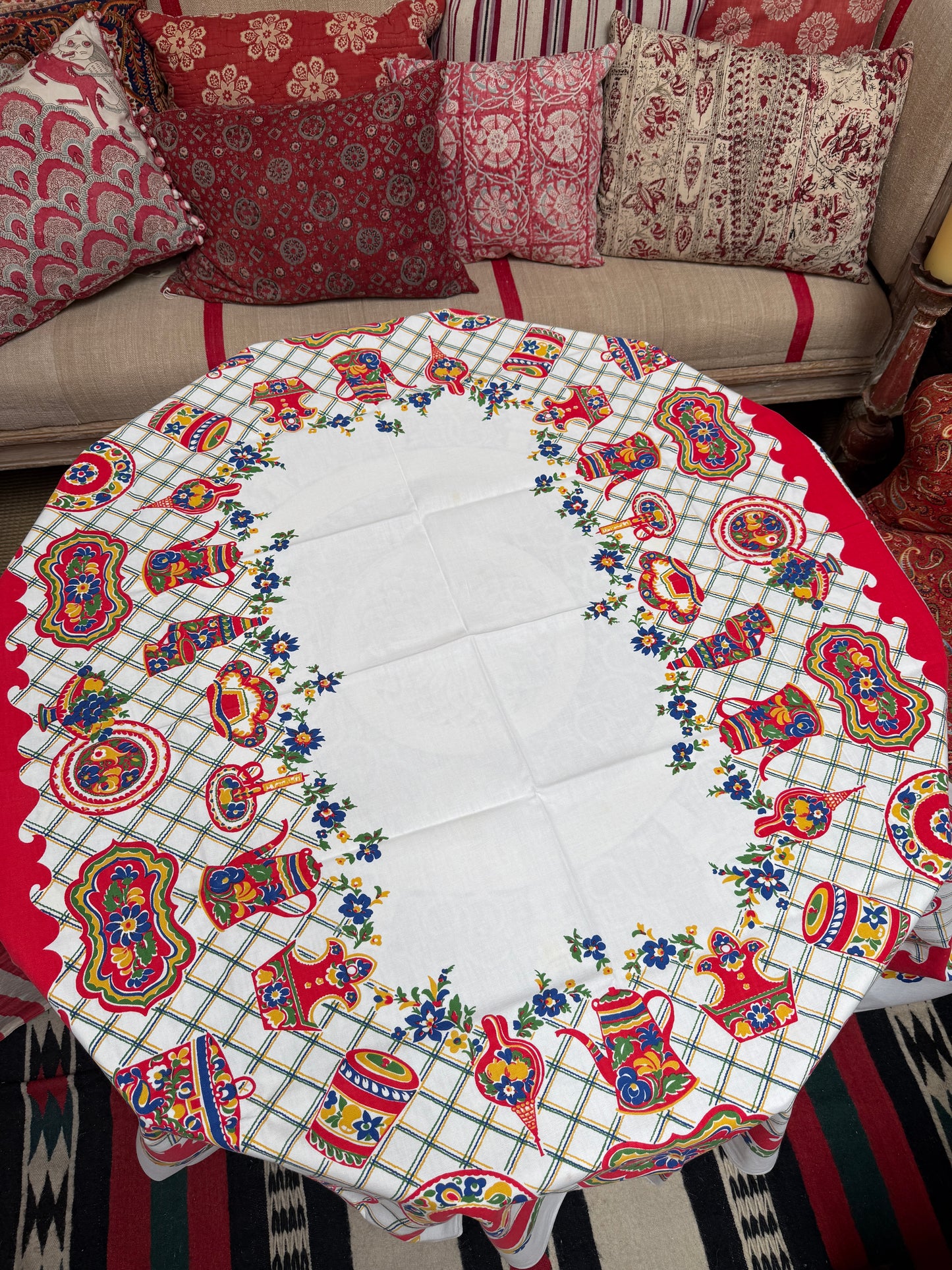1950s Red & Yellow Kitchenware Tablecloth – Vintage Novelty Print