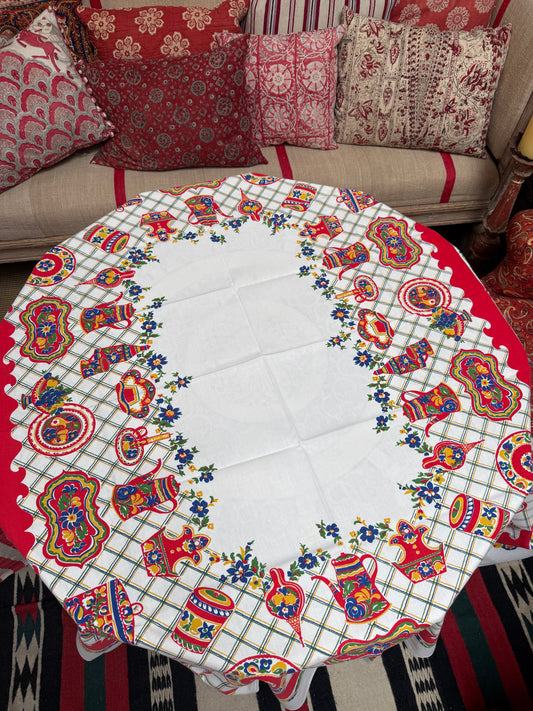 1950s Red & Yellow Kitchenware Tablecloth – Vintage Novelty Print