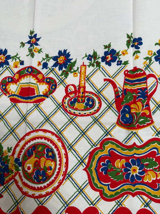 1950s Red & Yellow Kitchenware Tablecloth – Vintage Novelty Print