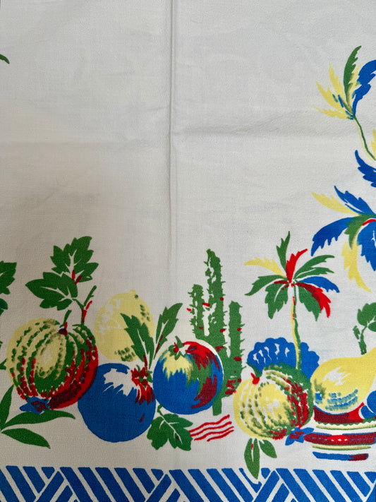 1950s Red, White & Blue Tablecloth – Vintage Festive Fruit Print