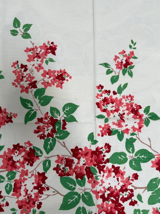 1940s Red & Pink Floral Tablecloth – Vintage Hydrangea Print on White