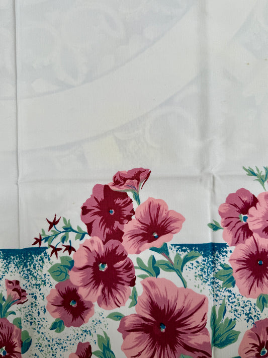 1950s Burgundy Hollyhock Tablecloth –  Vintage Floral Cotton