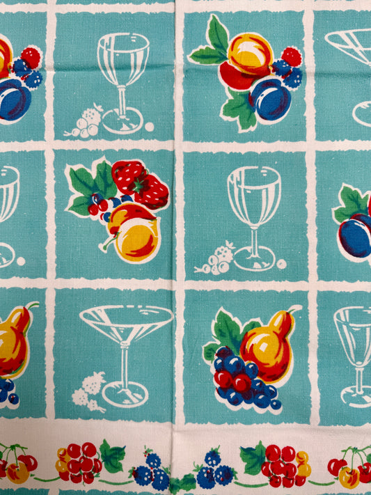 1950s Aqua Grid Fruit Tablecloth –  Vintage Kitchen Novelty Print