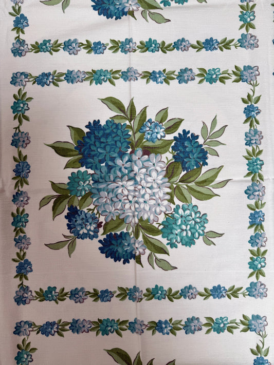 1960s Blue Hydrangea Tablecloth – Vintage Floral Grid Print