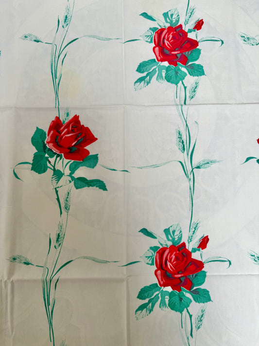 1950s Red Rose Tablecloth – Vintage Romantic Floral Print