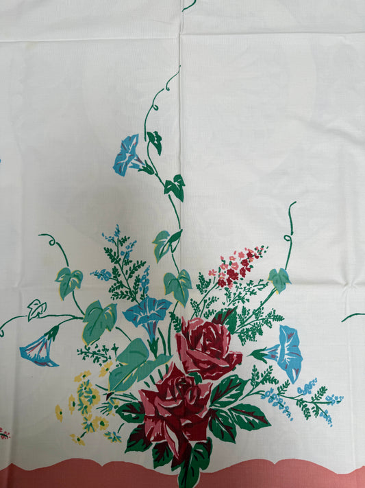 1940s Morning Glory & Rose Tablecloth – Vintage Floral Border Print